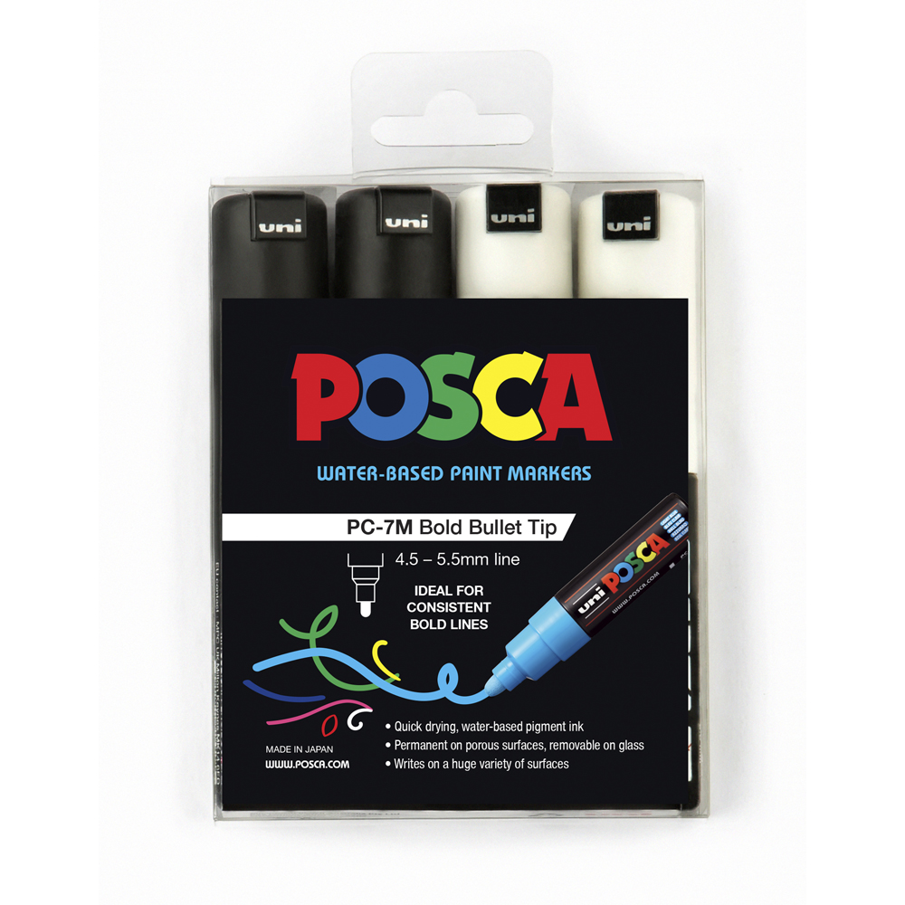 Uni Posca Marker 4.5-5.5mm 4 Pack Black White PC-7M