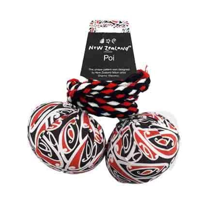 NZ Poi with Maori Patterned Fabric Red