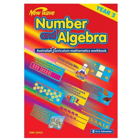 Colorful mathematics workbook cover for Year 3 with 'New Wave' branding