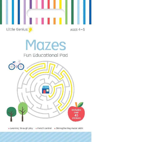 Educational maze book for children with colorful design and maze illustration on a white background.