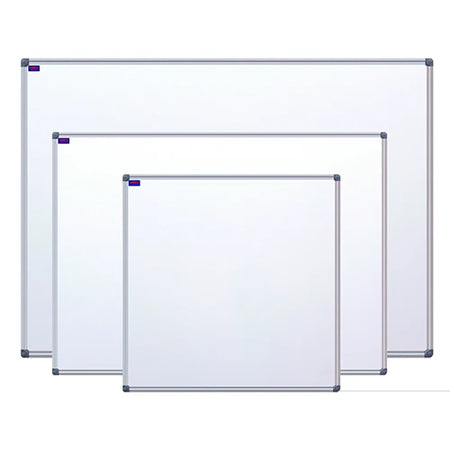 Set of three whiteboards with metallic frames on a white background