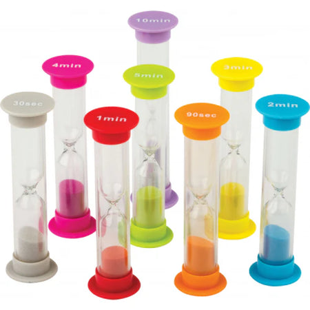 Set of colorful sand timers with labeled time durations on a white background