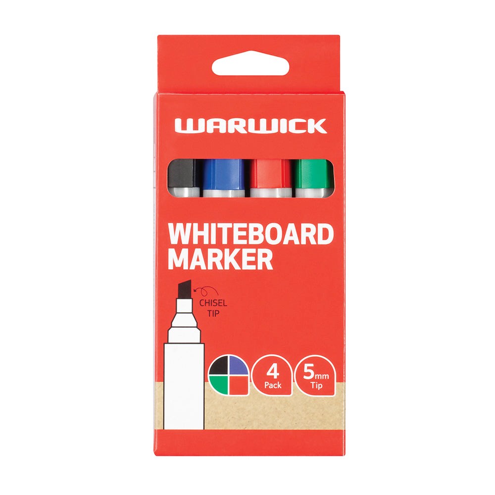 Warwick Whiteboard Markers Chisel Tip 4 Pack