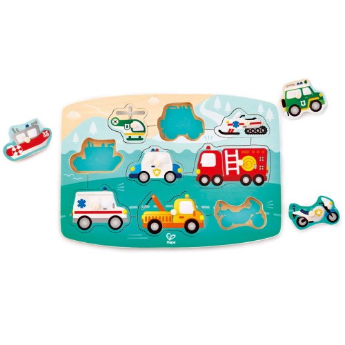 Hape Wooden Peg Puzzle Emergency Vehicles