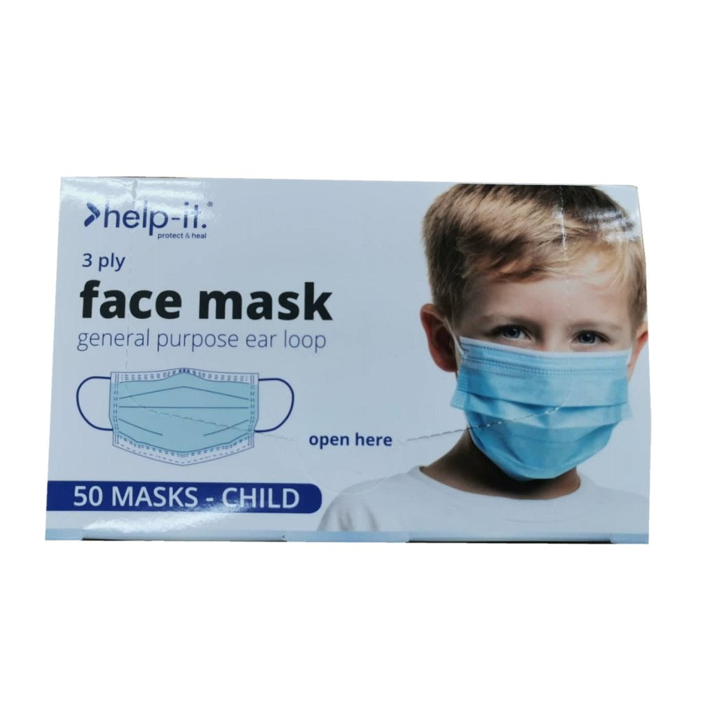 Help-It Ear Loop 3 ply Face Masks - Small/Kids Size Box of 50